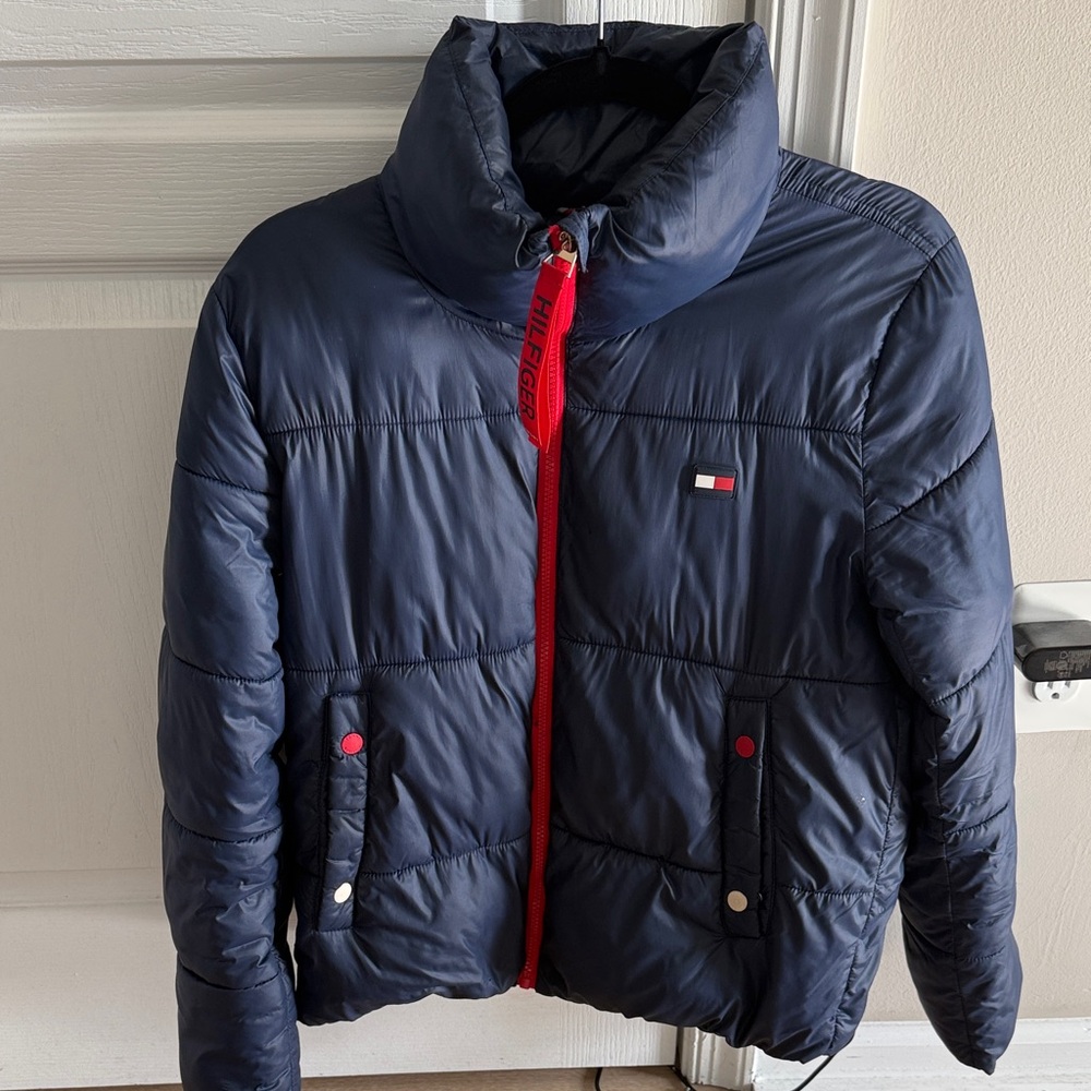 Tommy Hilfiger Navy Blue Puffer Jacket with Red Accents
